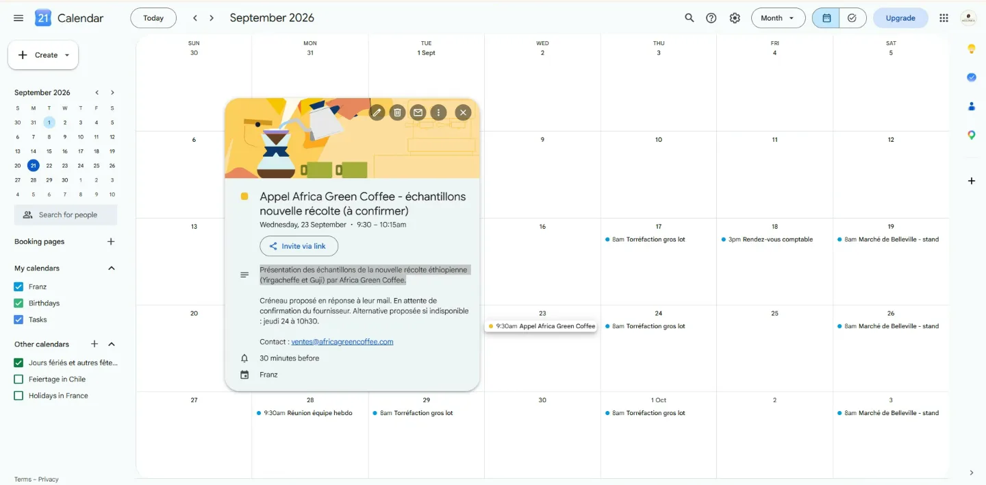 L'événement créé par Claude dans Google Calendar, avec tout le contexte du rendez-vous.