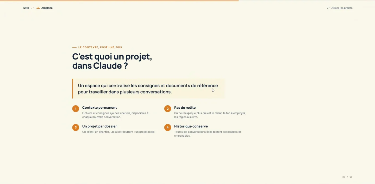 C'est quoi un projet dans Claude ? Un espace qui centralise les consignes et les documents de référence.