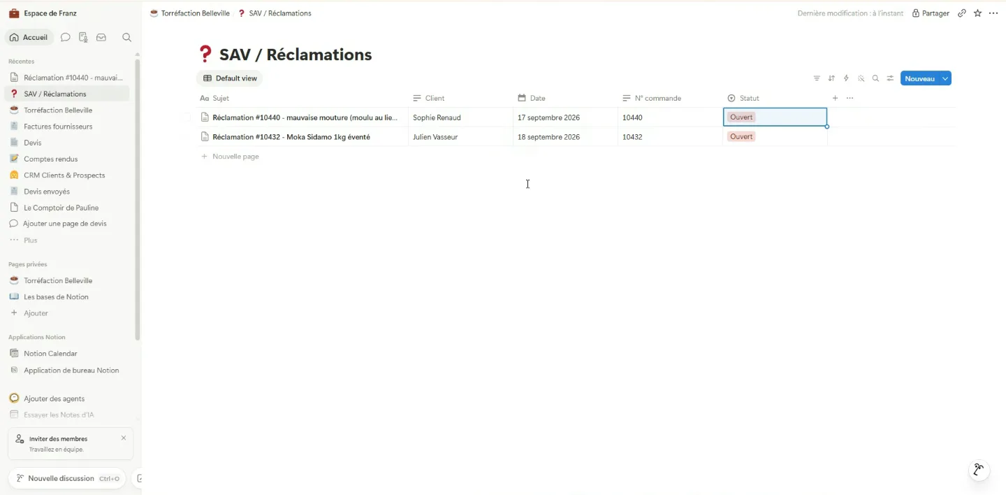 Les fiches créées dans la base Notion « SAV / Réclamations », statut Ouvert.