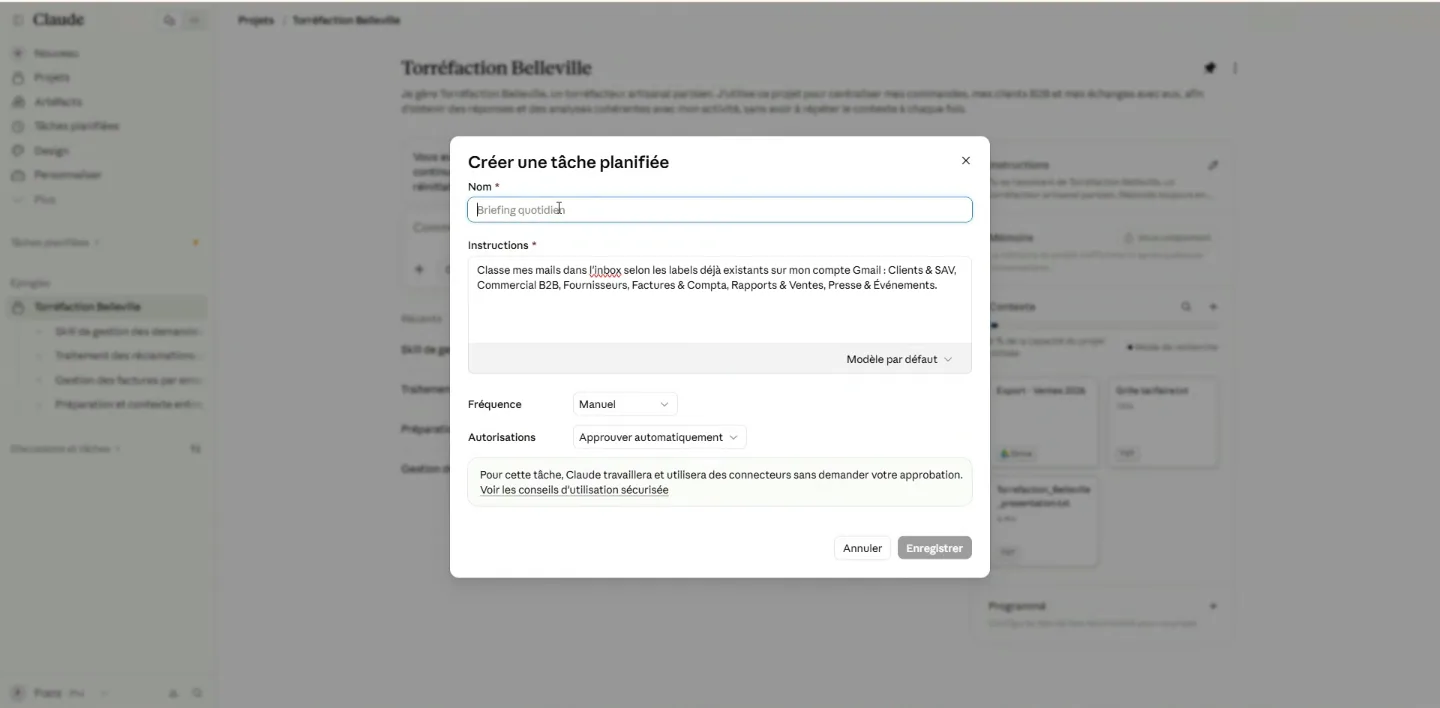 Créer une tâche planifiée : nom, instructions, fréquence et autorisations.